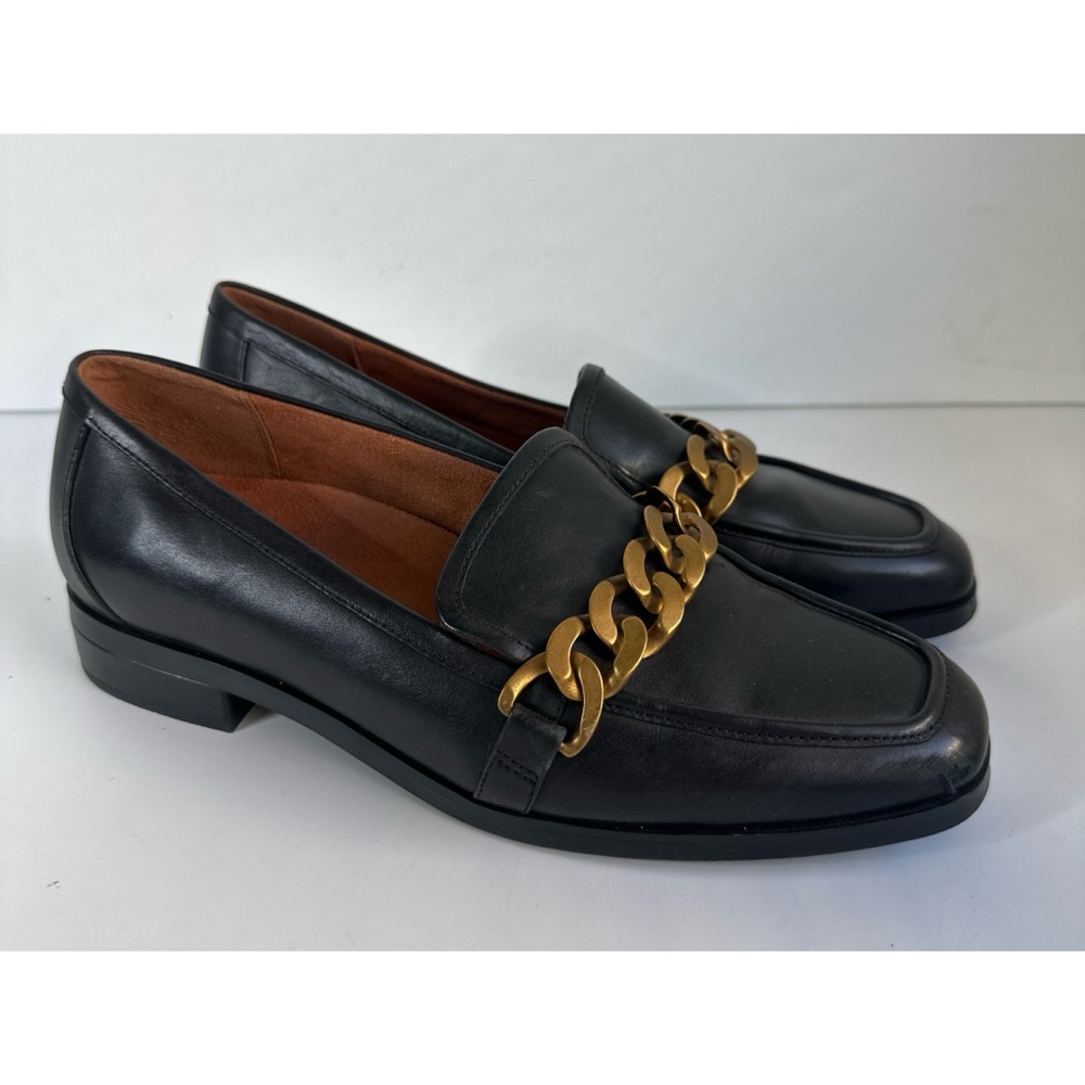 Vionic Black Genuine Leather Comfort Womens Loafers with Gold Chain